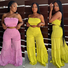 Load image into Gallery viewer, Women Summer Sexy Outfits 2pc Boho Pant Sets Ruffled Two Pieces Pants Set Ladies Strapless Crop Tube Top and Wide Leg Pants Suit