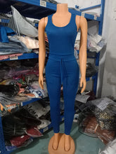 Load image into Gallery viewer, Two Piece Set Women Outfit 2024 Spring Fashion Drawstring Pocket Design U-Neck Sleeveless Skinny Jumpsuit & Long Sleeve Coat Set