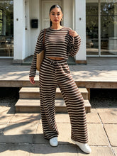 Load image into Gallery viewer, Women Fall Winter Brown White Striped Knit Crop Top & Wide Leg Pants 2 Piece Casual Tracksuit Loungewear