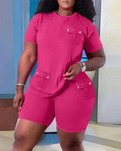 Load image into Gallery viewer, Women Two Piece Shorts Sets Solid Round Neck T Shirts Pockets Elastic Waist Short Trousers Suits Leisure Ladies 2023 Summer