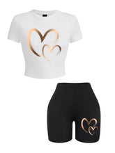Load image into Gallery viewer, Summer Women Slim-fit T-Shirts & Shorts 2 Pieces Set Simple Hearts Pattern Prints Crop Tops Fashion High Elastic Soft Clothes