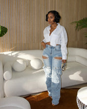 Load image into Gallery viewer, CM.YAYA Women Cutout Diamonds Crystal Hollow Out Straight Denim Pants 2024 Fall Multi Pocket High Waist Wide Leg Jeans Trousers