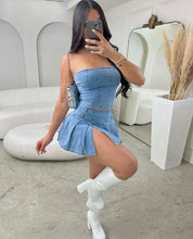 Load image into Gallery viewer, Sexy Summer Outfits Women 2024 Fashion Jean Dress with Skirt 2 Piece Sets Bustier Blue Denim Two Piece Outfit Split Skirt Set