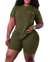 Load image into Gallery viewer, Women Two Piece Shorts Sets Solid Round Neck T Shirts Pockets Elastic Waist Short Trousers Suits Leisure Ladies 2023 Summer