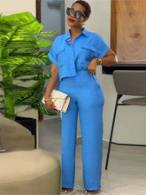 Load image into Gallery viewer, Women's Two Piece Sets Spring Summer Casual Solid Turn-down Neck Short Sleeve Loose Top & Wide Leg Pants Set Streetwear Outfits