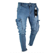 Load image into Gallery viewer, Jeans Men Pants Wash Solid Color Multi Pockets Denim Mid Waist Cargo Jeans Plus Size Fahsion Casual Trousers Male Daily Wear