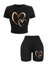 Load image into Gallery viewer, Summer Women Slim-fit T-Shirts & Shorts 2 Pieces Set Simple Hearts Pattern Prints Crop Tops Fashion High Elastic Soft Clothes