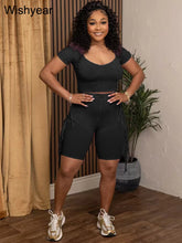 Load image into Gallery viewer, Sports Suit Casual Two Piece Sets Womens Clothing Summer O-Neck Short Sleeve Crop T-Shirt and Tassel Shorts Jogging Tracksuits