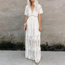 Load image into Gallery viewer, Summer Boho Women Maxi Dress Loose Embroidery White Lace long Tunic Beach Dress Vacation dresses for women 2022 evening dresses