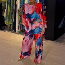 Load image into Gallery viewer, Casual Sets for Women 2 pieces Summer Fashion Printed Satin Two Piece Sets Women Sexy Round Neck Top+Wide Leg Long Pants Outfits