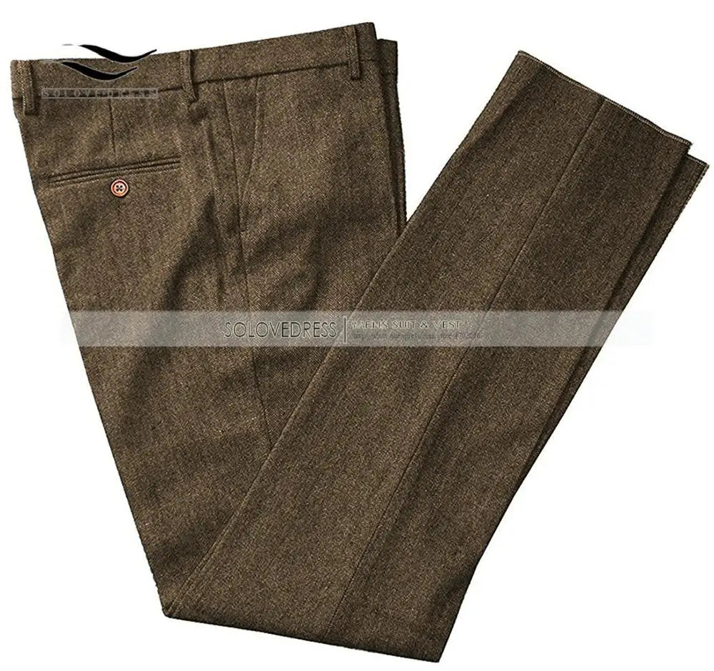 Classic mens pants Tweed Herringbone pants men dress pants Casual suit Trousers for wedding party Tailored Fit Brown Pants