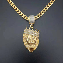 Load image into Gallery viewer, Hip Hop Full Iced Out Bling Lion Rhinestone Stainless Steel Cuban Chain Gold Color Pendants &amp; Necklaces For Men Jewelry Dropship
