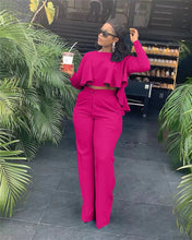 Load image into Gallery viewer, Elegant Work Wear Two Piece Set Fall Clothes for Women Ruffles Crop Top and Wide Leg Pants Suits Matching Sets Sexy Club Outfits
