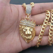 Load image into Gallery viewer, Hip Hop Full Iced Out Bling Lion Rhinestone Stainless Steel Cuban Chain Gold Color Pendants &amp; Necklaces For Men Jewelry Dropship
