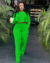 Load image into Gallery viewer, Elegant Work Wear Two Piece Set Fall Clothes for Women Ruffles Crop Top and Wide Leg Pants Suits Matching Sets Sexy Club Outfits
