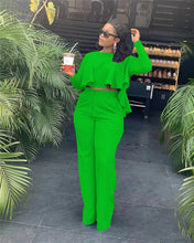Load image into Gallery viewer, Elegant Work Wear Two Piece Set Fall Clothes for Women Ruffles Crop Top and Wide Leg Pants Suits Matching Sets Sexy Club Outfits
