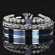 Load image into Gallery viewer, Luxury Set  Handmade Men Crown Bracelets Contrast Colour Bangles Hemp Rope Buckle Open Stainless Steel Micro Pave CZ Jewelry
