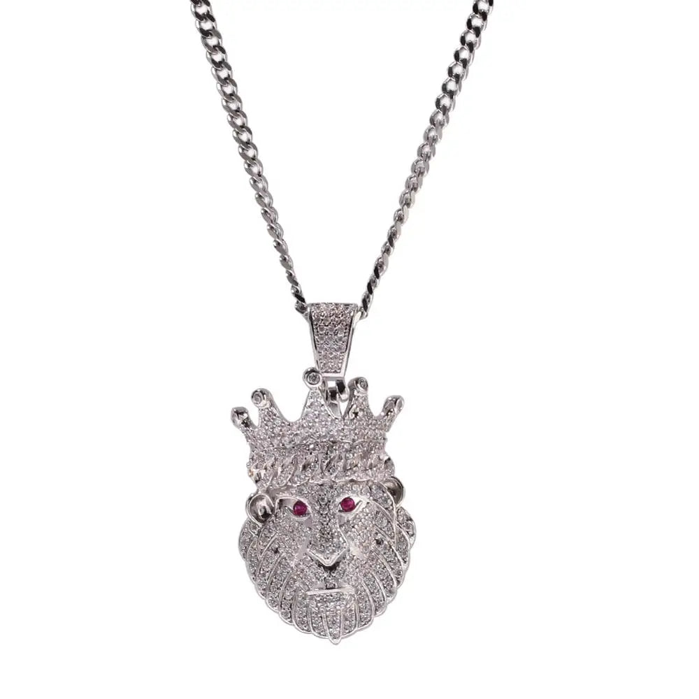 Hip Hop AAA CZ Zircon Paved Bling Iced Out Crown Lion Animal Pendants Necklace for Men Rapper Jewelry Gold Color Drop Shipping