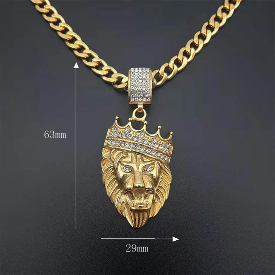 Hip Hop Full Iced Out Bling Lion Rhinestone Stainless Steel Cuban Chain Gold Color Pendants & Necklaces For Men Jewelry Dropship