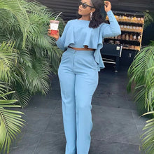 Load image into Gallery viewer, Elegant Work Wear Two Piece Set Fall Clothes for Women Ruffles Crop Top and Wide Leg Pants Suits Matching Sets Sexy Club Outfits
