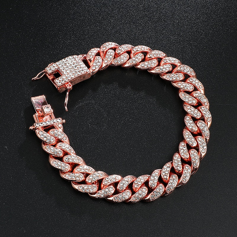 D&Z Hip Hop 13mm Rose Gold Cuban Link Chain For Men Iced Out Bling Rhinestone Chaine Homme Fashion Jewelry Wholesale