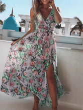 Load image into Gallery viewer, Summer Women Dress Floral Print Fashion Slim V-Neck Tie-Up Backless Chiffon Sexy Sleeveless Slit Maxi Cover-Ups Robe Beach Dress
