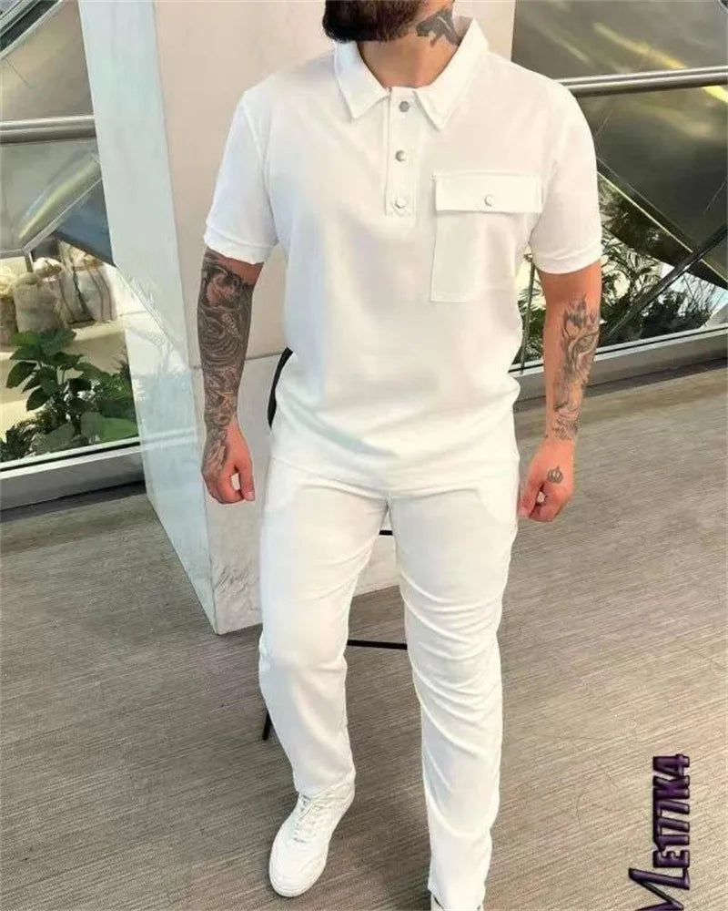Summer Men Short-sleeved Suit fashionpocket  Sportswear Short-sleeved Shirt trousers Two-piece Mensuit S-XXXL