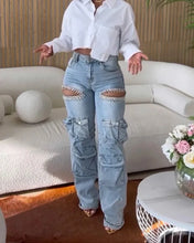 Load image into Gallery viewer, CM.YAYA Women Cutout Diamonds Crystal Hollow Out Straight Denim Pants 2024 Fall Multi Pocket High Waist Wide Leg Jeans Trousers
