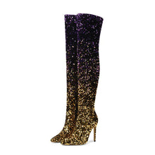 Load image into Gallery viewer, Shiny Gradient Sequins Over-the-Knee Long Boots Women Stiletto Thin High-Heeled Pointy Toe Thigh Boots Glitter Sequined Shoes
