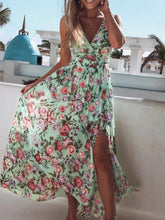 Load image into Gallery viewer, Summer Women Dress Floral Print Fashion Slim V-Neck Tie-Up Backless Chiffon Sexy Sleeveless Slit Maxi Cover-Ups Robe Beach Dress
