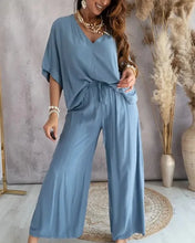 Load image into Gallery viewer, Summer White Two Piece Set For Women V Neck Bat Sleeve Top Casual Loose Lace Up Wide-leg Pants 2 Piece Suit Home Outfits Women&#39;s
