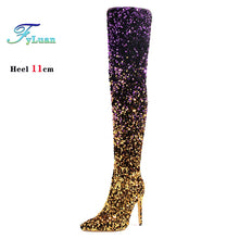 Load image into Gallery viewer, Shiny Gradient Sequins Over-the-Knee Long Boots Women Stiletto Thin High-Heeled Pointy Toe Thigh Boots Glitter Sequined Shoes
