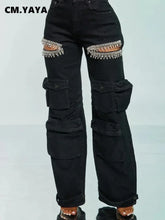 Load image into Gallery viewer, CM.YAYA Women Cutout Diamonds Crystal Hollow Out Straight Denim Pants 2024 Fall Multi Pocket High Waist Wide Leg Jeans Trousers
