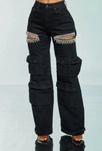 Load image into Gallery viewer, CM.YAYA Women Cutout Diamonds Crystal Hollow Out Straight Denim Pants 2024 Fall Multi Pocket High Waist Wide Leg Jeans Trousers
