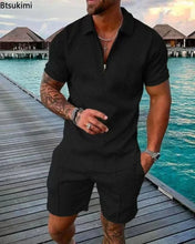 Load image into Gallery viewer, New 2024 Men&#39;s Polo Suit Fashion Men Sets Solid Summer V-neck Zipper Short Sleeve POLO Shirt+Shorts Two Pieces Men Casual Suit
