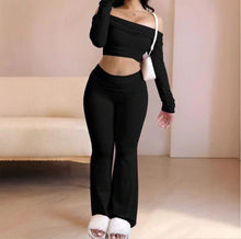 Load image into Gallery viewer, Casual Workout Two Piece Sets Woman Outfits Crop Long Sleeves Tops Foldover Flare Pants Tracksuit Suit Summer and Fall 2025 New
