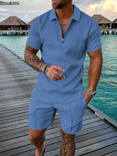 Load image into Gallery viewer, New 2024 Men&#39;s Polo Suit Fashion Men Sets Solid Summer V-neck Zipper Short Sleeve POLO Shirt+Shorts Two Pieces Men Casual Suit
