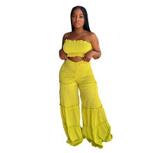 Load image into Gallery viewer, Women Summer Sexy Outfits 2pc Boho Pant Sets Ruffled Two Pieces Pants Set Ladies Strapless Crop Tube Top and Wide Leg Pants Suit
