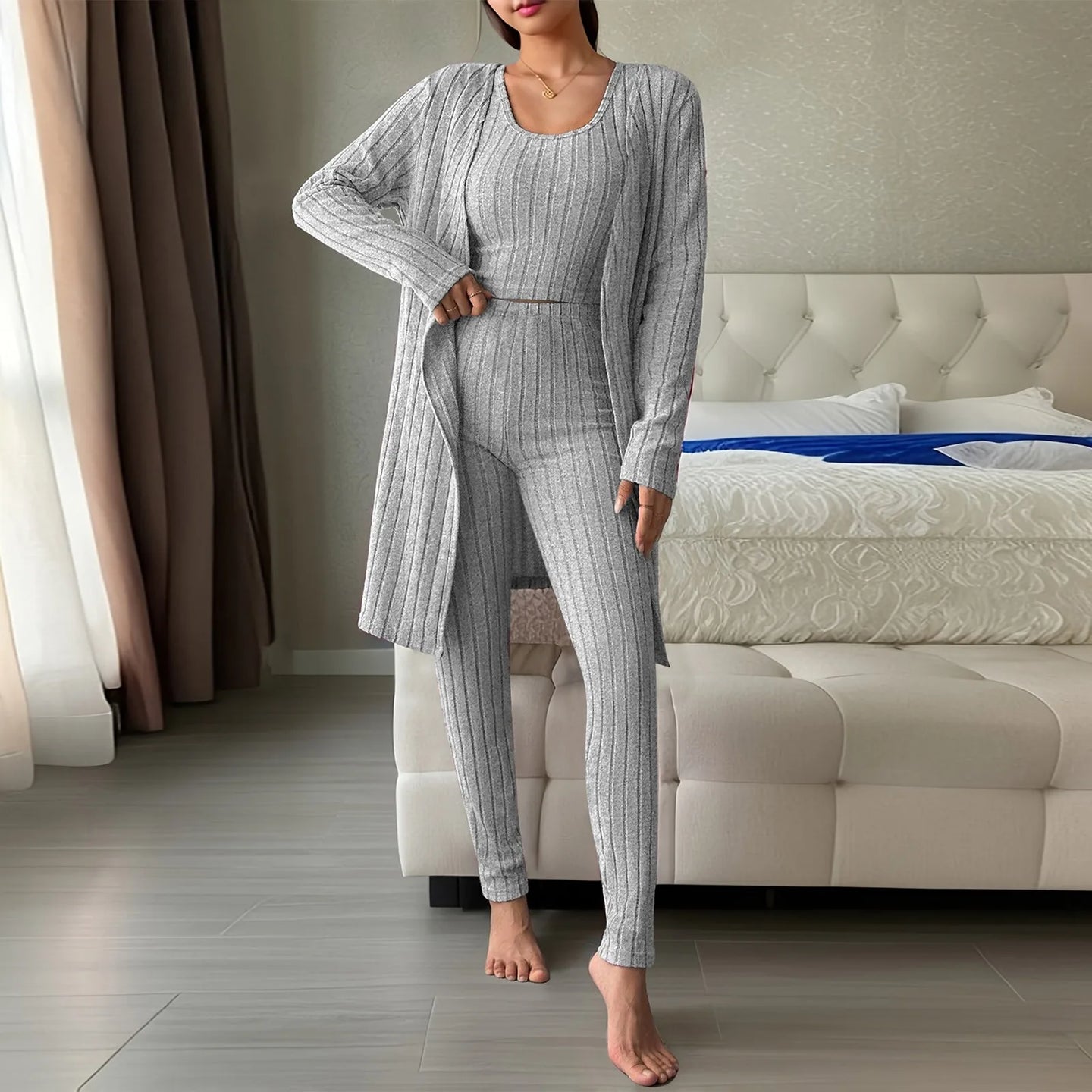 Fall Winter 3 Piece Homewear For Women Solid Cardigan Fashion Pant And Vest Ladies Suit Vintage Fashion Ladies Three Piece Set