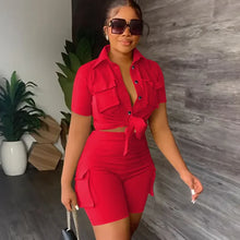 Load image into Gallery viewer, Streetwear Two Piece Set for Women Summer Outfits Pockets Short Sleeve Button-Up Shirt Top Short Sets Party Club Matching Sets

