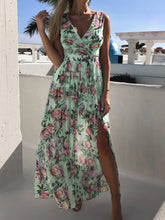 Load image into Gallery viewer, Summer Women Dress Floral Print Fashion Slim V-Neck Tie-Up Backless Chiffon Sexy Sleeveless Slit Maxi Cover-Ups Robe Beach Dress
