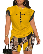 Load image into Gallery viewer, Two Piece Short Sets Print Letter Round  Neck T Shirts High Waist Pants Splice Tops Pullover Summer Ladies Beach Style
