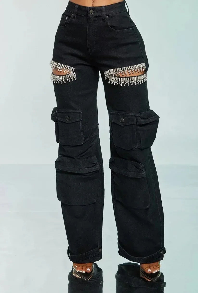 CM.YAYA Women Cutout Diamonds Crystal Hollow Out Straight Denim Pants 2024 Fall Multi Pocket High Waist Wide Leg Jeans Trousers