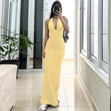Load image into Gallery viewer, Cryptographic Sexy Draped Halter V Neck Maxi Dress for Women Summer Outfits for Women Club Party Backless Ruche Dresses Robes
