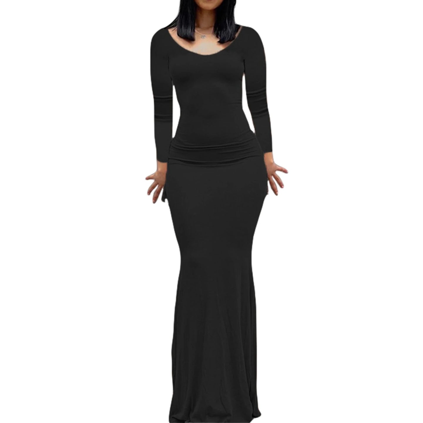 Elegant Women s Long Sleeve Round Neck Solid Color Maxi Dress with  Fit Design for Casual and Home Wear