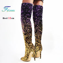 Load image into Gallery viewer, Shiny Gradient Sequins Over-the-Knee Long Boots Women Stiletto Thin High-Heeled Pointy Toe Thigh Boots Glitter Sequined Shoes
