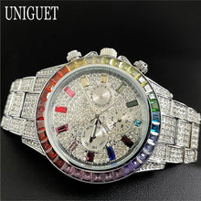 Load image into Gallery viewer, Hot Fashion Green Watches Men Brand UNIGUET Luxury Stainless Steel Hip Hop Rainbow Diamond Quartz Wristwatch Male Dropshipping ﻿
