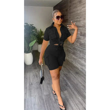 Load image into Gallery viewer, Streetwear Two Piece Set for Women Summer Outfits Pockets Short Sleeve Button-Up Shirt Top Short Sets Party Club Matching Sets
