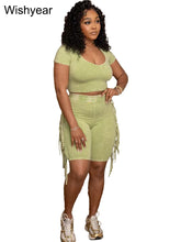 Load image into Gallery viewer, Sports Suit Casual Two Piece Sets Womens Clothing Summer O-Neck Short Sleeve Crop T-Shirt and Tassel Shorts Jogging Tracksuits

