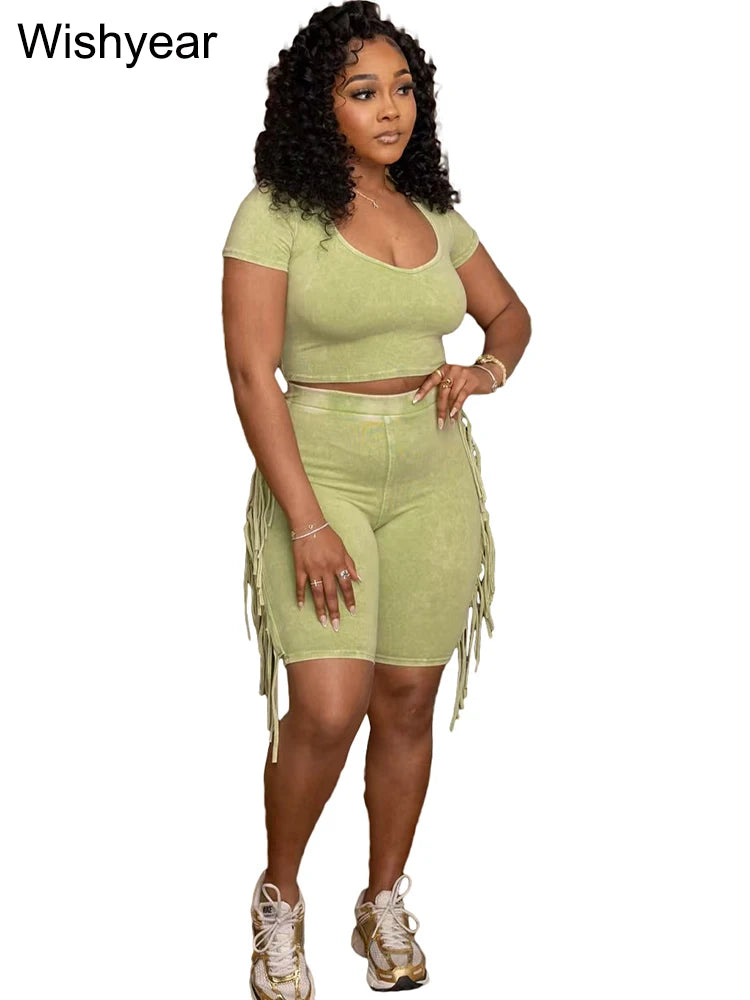 Sports Suit Casual Two Piece Sets Womens Clothing Summer O-Neck Short Sleeve Crop T-Shirt and Tassel Shorts Jogging Tracksuits